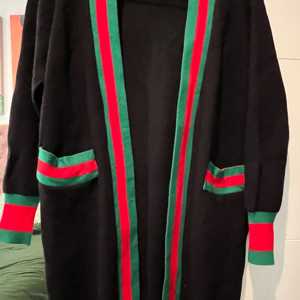 Black Cardigan with Green and Red Stripes